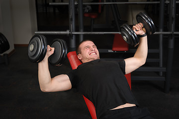 Image showing Young man doing Dumbbell Incline Bench Press workout in gym