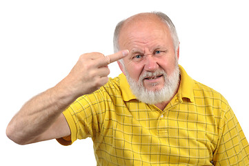 Image showing senior bald man shows middle finger