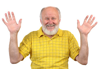 Image showing hands up, smiling senior bald man