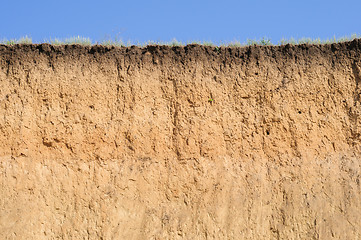 Image showing Cut of soil with different layers, grass and sky