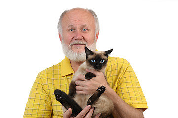 Image showing senior balding man with siamese cat