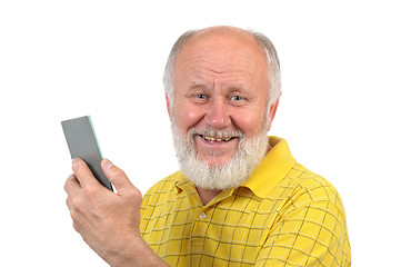 Image showing smiling senior bald man with mirror