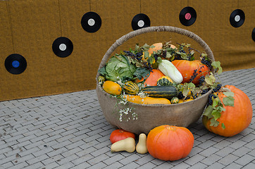 Image showing autumn decoration of vegetable in wicker backet 