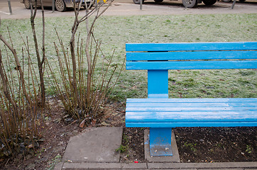 Image showing blue wooden bench fragment near bush in park 