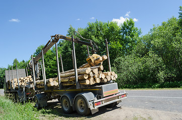 Image showing heavy forest trailer with log pile along road 