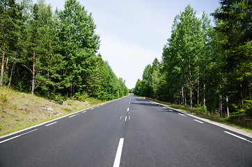 Image showing New asphalt and lines at a straight road in the forest