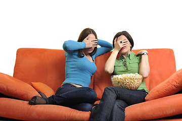 Image showing female friends eating popcorn and watching tv at home