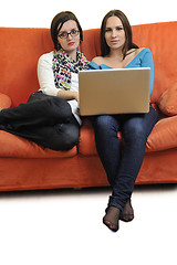 Image showing female friends working on laptop computer at home