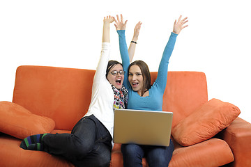 Image showing female friends working on laptop computer at home