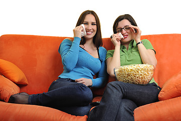 Image showing female friends eating popcorn and watching tv at home