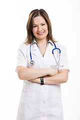 Image showing Beautiful young doctor, isolated over white background