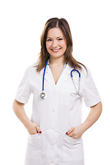 Image showing Beautiful young doctor, isolated over white background