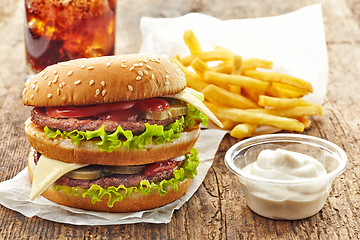 Image showing big hamburger and french fries