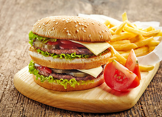 Image showing big hamburger and french fries