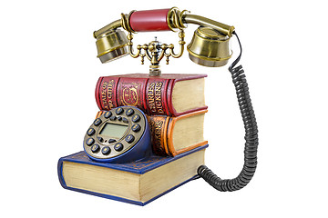 Image showing Phone stylized under a pile of books