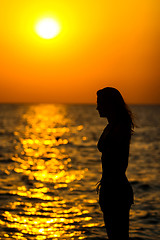 Image showing Woman looking at sunset