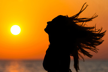 Image showing Woman waving hair at sunset