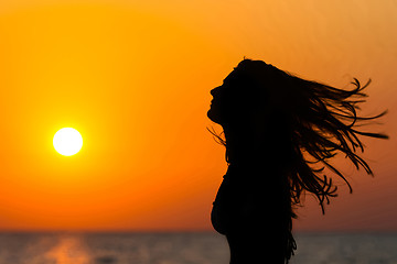 Image showing Young woman waving hair at sunset