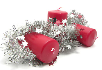 Image showing Red candles with christmas decoration