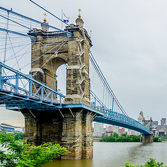 Image showing Cincinnati skyline and historic John A. Roebling suspension brid