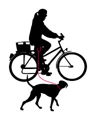 Image showing Woman on bicycle with dog on leash