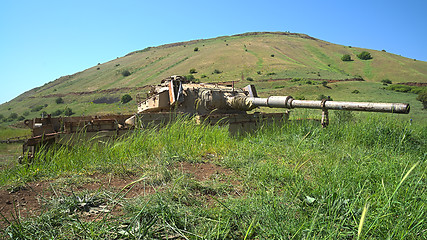 Image showing Derelict old Israeli tank on Golan Heights emplacement