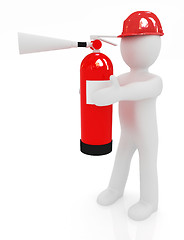 Image showing 3d man in hardhat with red fire extinguisher 