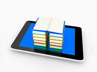 Image showing tablet pc and colorful real books