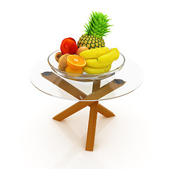 Image showing Citrus in a glass dish on exotic glass table with wooden legs