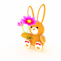 Image showing soft toy hare with a little red hearts on white paws and cosmos 