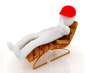 Image showing 3d white man lying wooden chair with thumb up