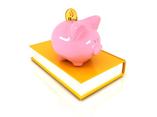 Image showing Piggy Bank with a gold dollar coin on book.