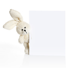 Image showing Rabbit ears look out from behind a white paper