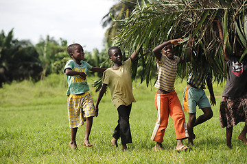 Image showing African kids help with carring palm leaves