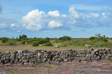 Image showing Summer view at a stonewall in a plain landscape