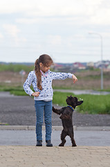 Image showing Little girl training a dog