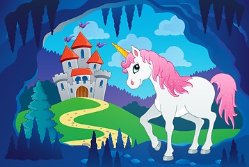 Image showing Cute unicorn in fairy tale cave