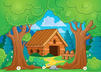 Image showing Tree theme with wooden building