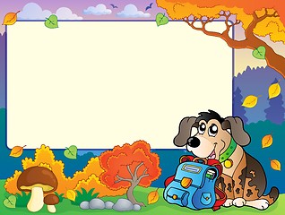 Image showing Autumn frame with dog and schoolbag