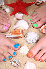 Image showing pedicure (color nails) on the beach 