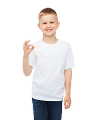 Image showing little boy in white t-shirt showing ok gesture