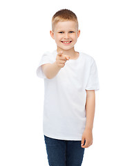 Image showing little boy in blank white t-shirt pointing at you