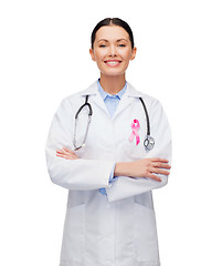 Image showing female doctor with breast cancer awareness ribbon