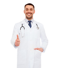 Image showing smiling doctor with stethoscope showing thumbs up