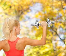 Image showing sporty woman with heavy steel dumbbell from back