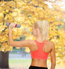 Image showing young sporty woman with light dumbbell