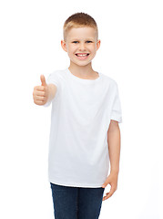 Image showing boy in blank white t-shirt showing thumbs up