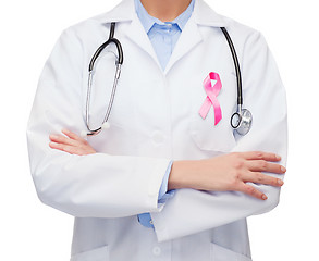 Image showing female doctor with breast cancer awareness ribbon