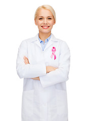 Image showing female doctor with breast cancer awareness ribbon