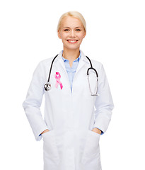 Image showing female doctor with breast cancer awareness ribbon